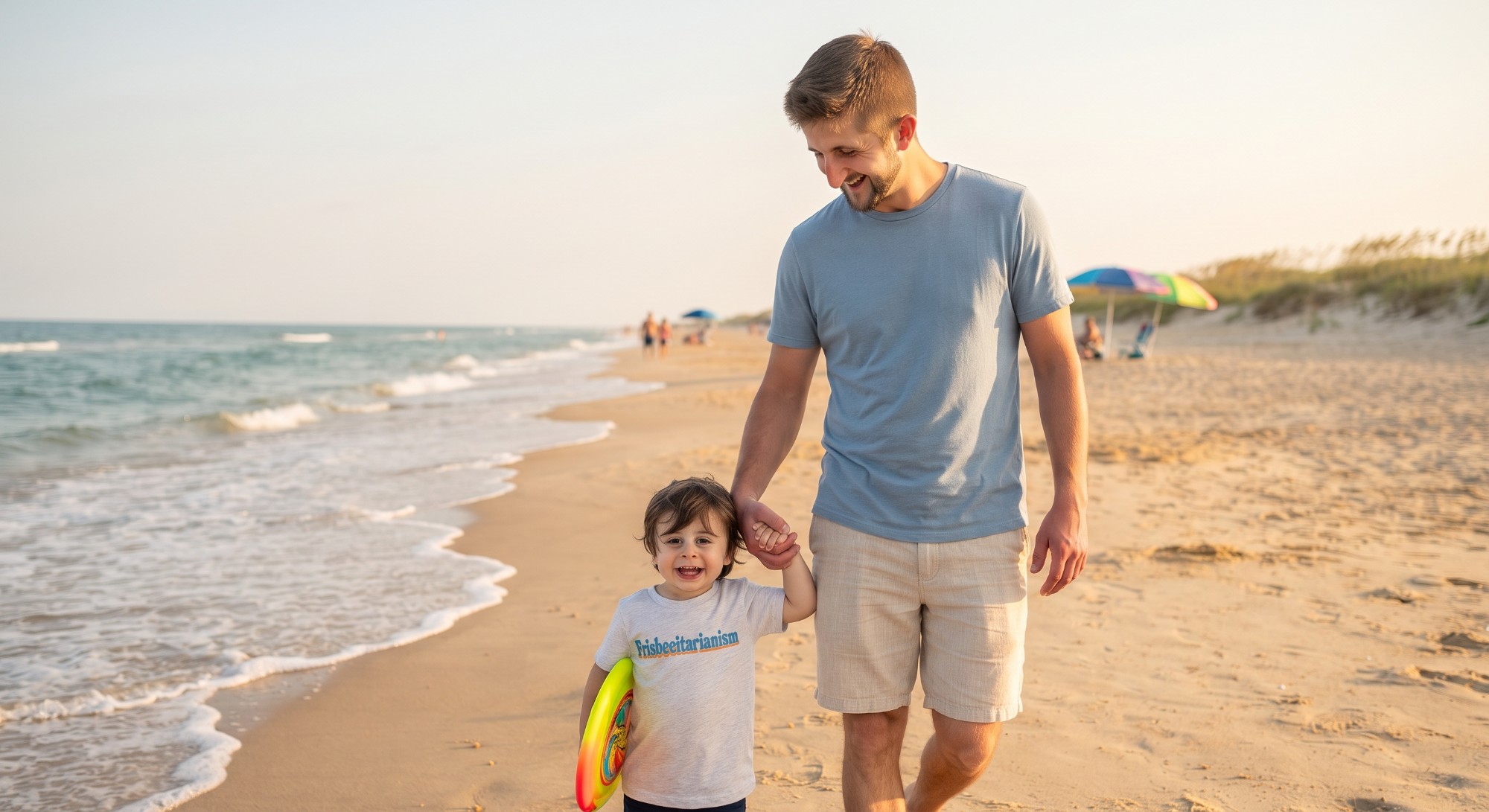 Beach day, 2026. Frisbeeitarianism: the only diet in the family Jeremy endorses. Thirty-six hours home, all of them outside.