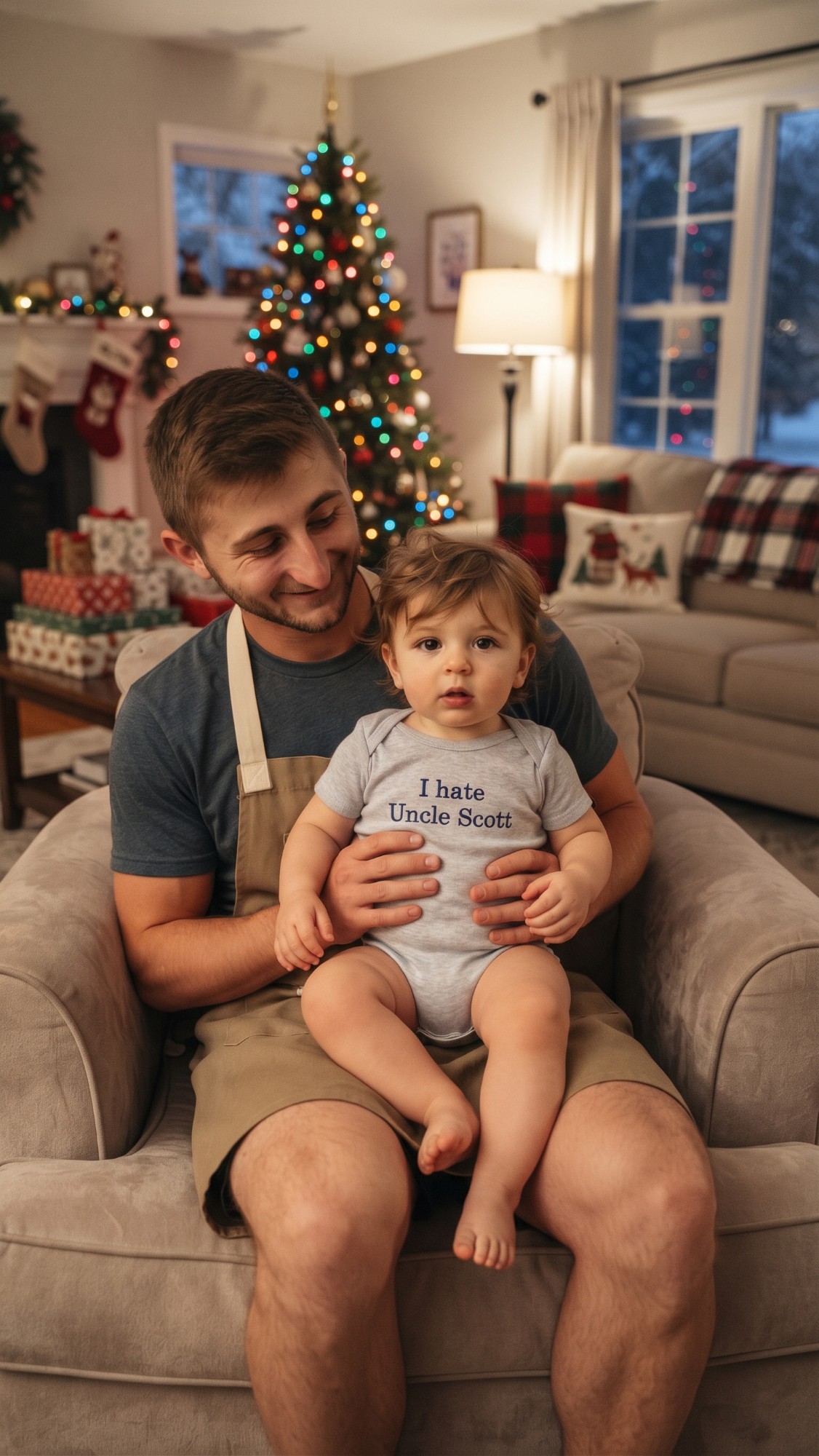 Jeremy Garber in an apron holding Fabian on his lap in front of a Christmas tree; Fabian's onesie reads I hate Uncle Scott