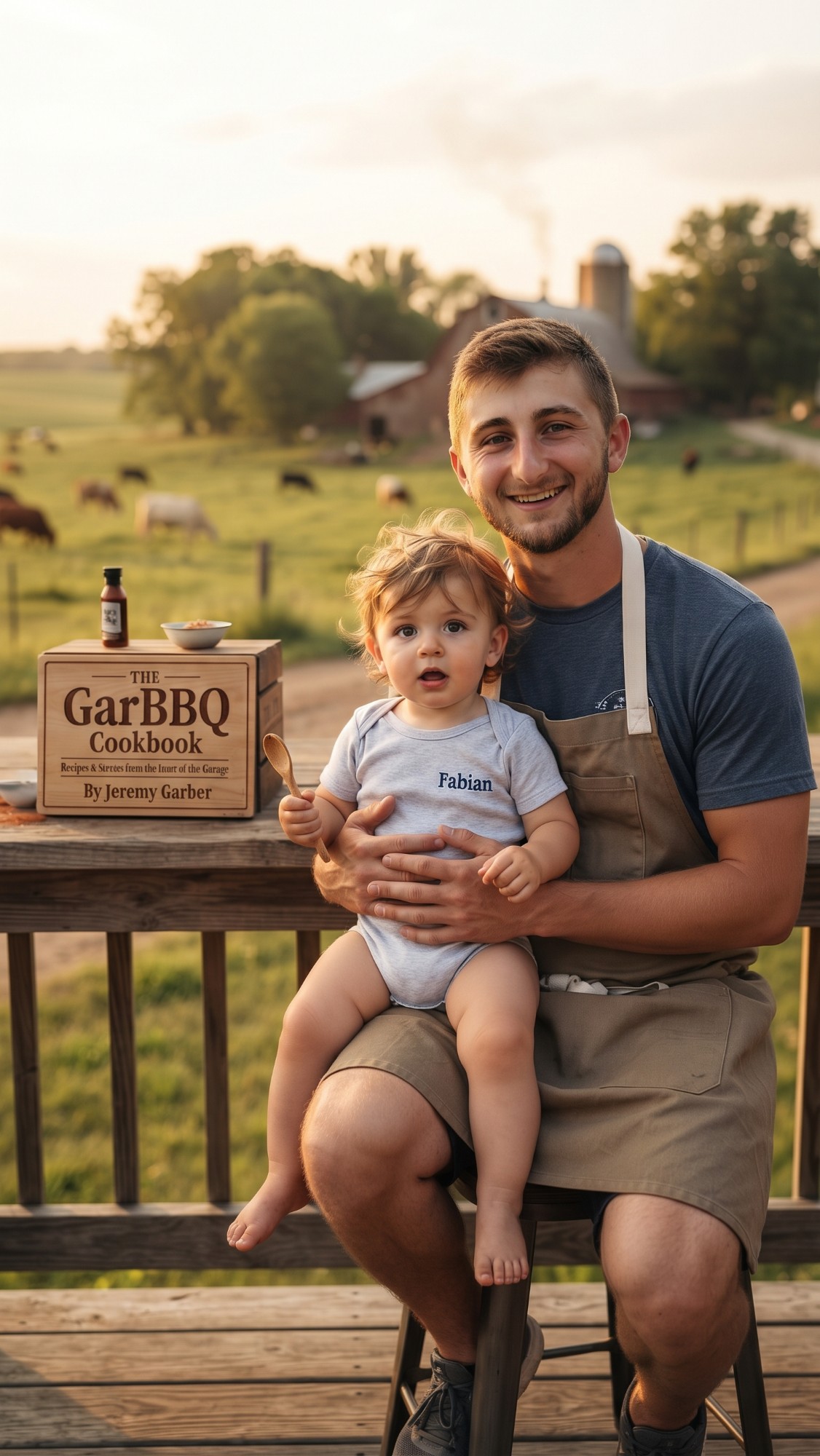 Jeremy Garber in an apron on a farmhouse porch holding his toddler son Fabian, who wears a onesie with his name on it and holds a wooden spoon, a copy of The GarBBQ Cookbook beside them