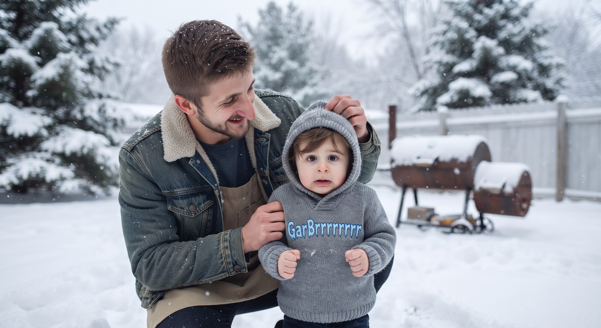 First snow, 2025. The sweater says GarBrrrrrrr. The pit says closed till spring. Fabian says nothing, loudly.
