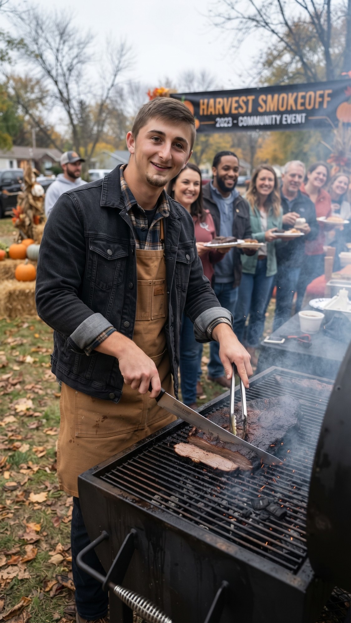 Jeremy Garber slicing brisket on a smoker at the 2023 Harvest Smokeoff community event, a crowd with plates behind him