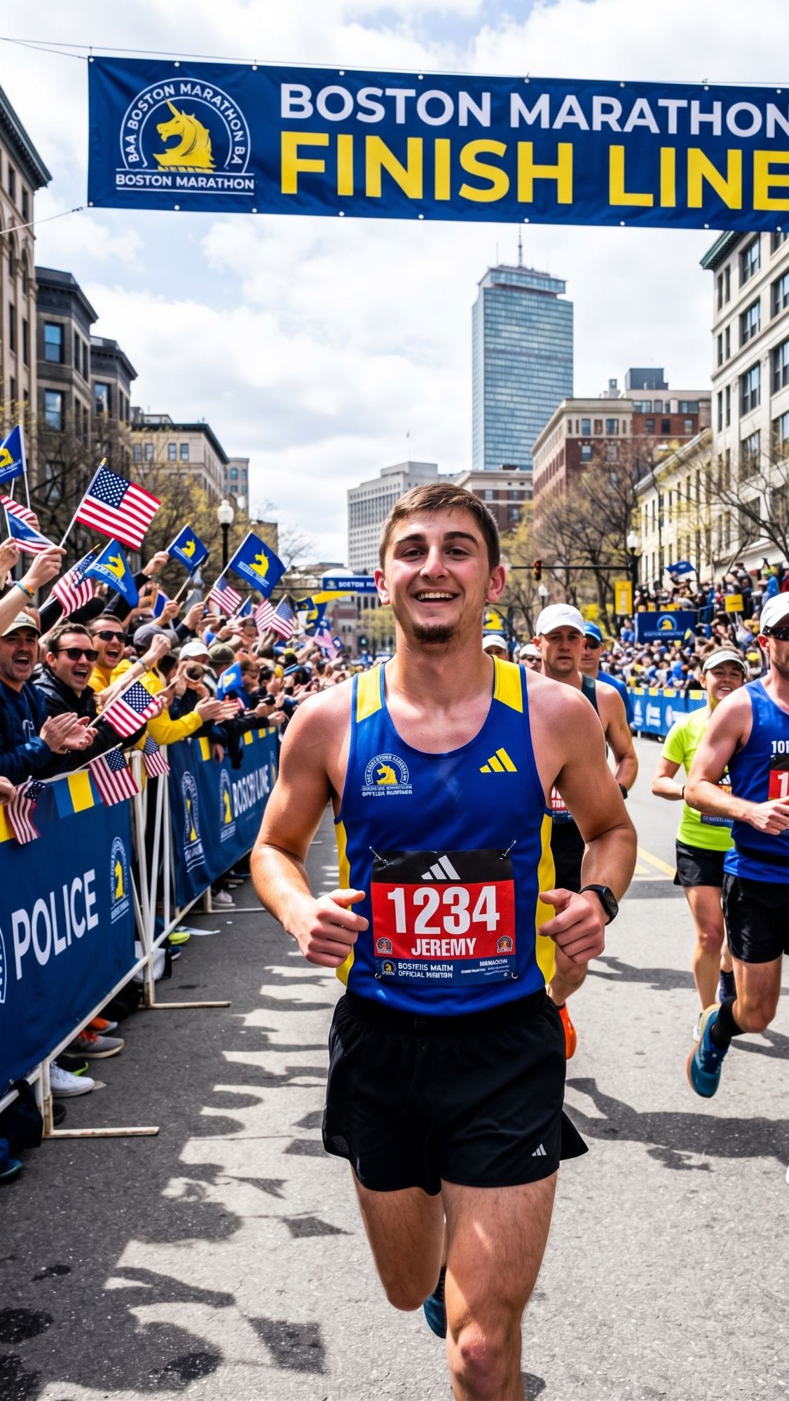 Jeremy Garber running toward the Boston Marathon finish line, bib 1234 reading Jeremy, crowds waving flags on both sides